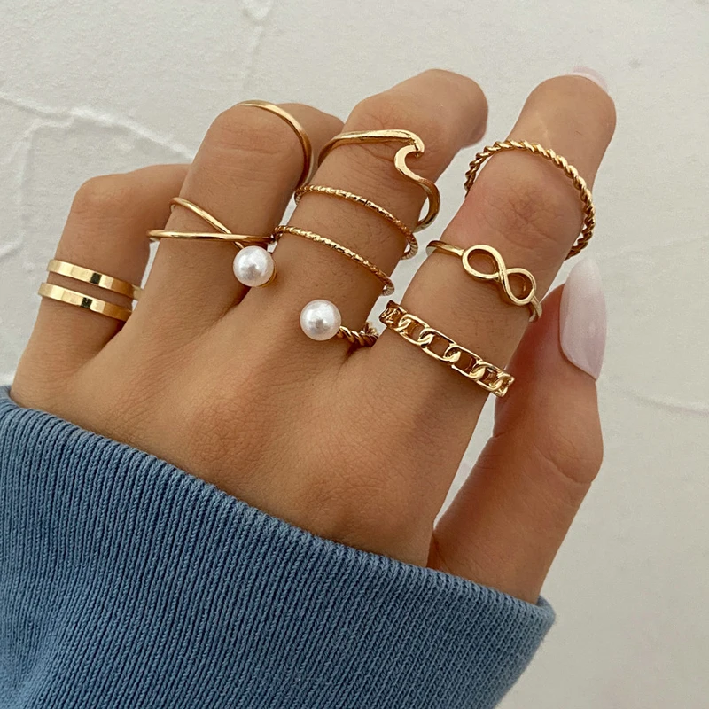 Finetoo Punk Simple Cross Finger Rings For Women Girls Pearl heart Twist Ring Set 2021 Trend Jewelry