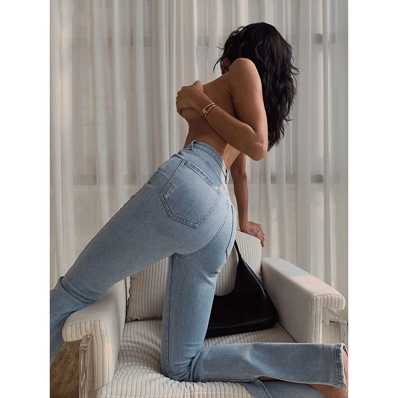 

Womens Denim Jean Pants Tall Women High Rise Stretch Split Trousers Fashion Slim Fit Flared Bootcut Jeans With Pockets, Light blue / dark blue