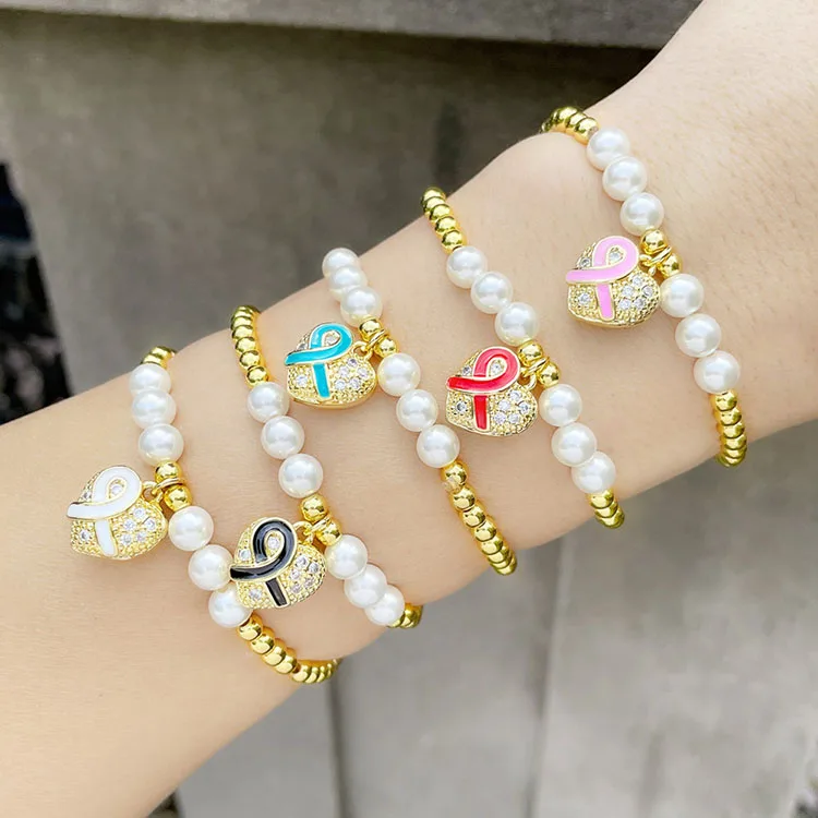 

BC1369 Tiny gold beads and Pearl Beaded Bracelet with CZ Pave Enamel Pink ribbon cancer charm ,breast cancer awareness bracelet