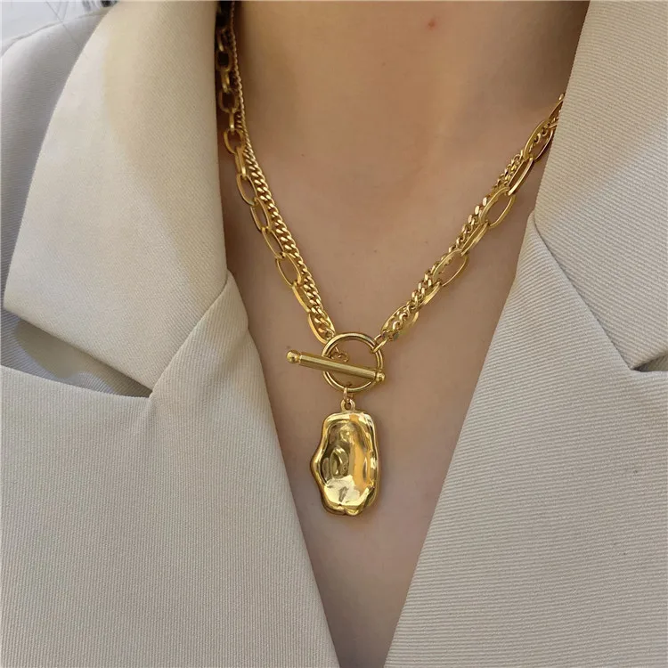 

18K Gold plated Stainless steel Color Stylish Temperament Double Metal OT Buckle Necklace Women Retro Sweater Chain