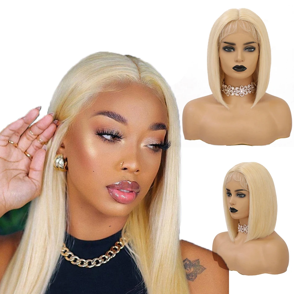 

150% Density 613 Ash Blonde Short Straight Bob Wig Pre Plucked with Baby Hair Transparent HD T Part Lace Front Human Hair Wigs
