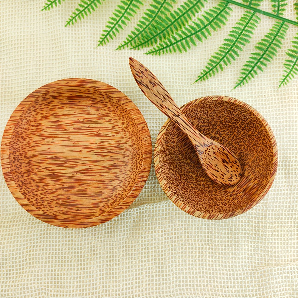 

Wholesale Bamboo Tableware Set Outdoor Food Fruit Baking Dishes Custom Logo Coconut Wooden Plates Bowl Spoon Set