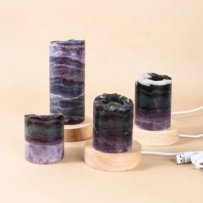 

Wholesale Natural Crystal Purple Stripe Fluorite Cylinder With Wooden Base Light For Decoration