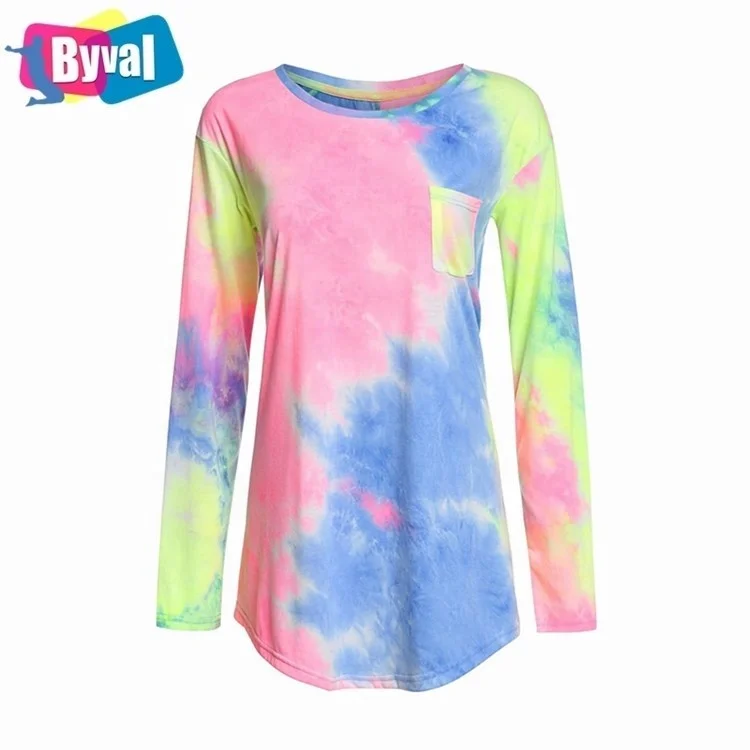 

Byval Women's 100% Cotton Tie Dye Loose Long Sleeve Ladies Comfy Swing Tunic Top Blouse T-Shirt Tee Tshirt