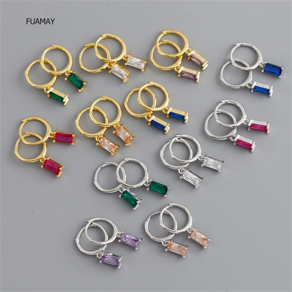 

FUAMAY S925 Silver Pendientes Coreanos Colorful Baguette CZ Huggie Hoops Green Emerald Baguette Earrings 925