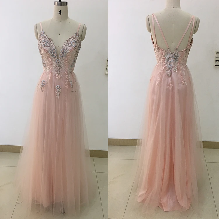

High quality floral embroidery v neck spaghetti strap women tulle prom dress