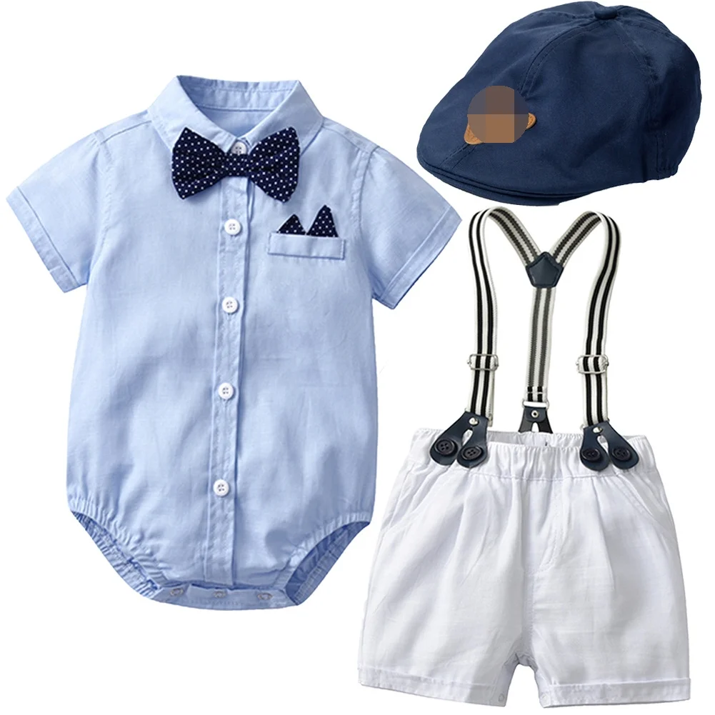 

Baby Boy Clothes Summer Gentleman Birthday Suits Newborn Party Dress Soft Cotton Solid Rmper + Belt Pants Infant Toddler Set, As picture