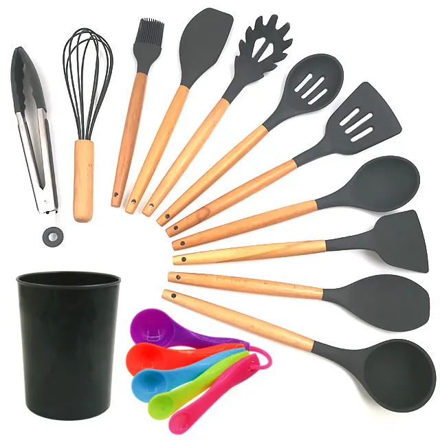 

Kitchen Utensils Set 17pcs Natural Wood Handle Spoons Spatula Cookware Turner Tongs Silicone Kitchen Utensils Set, Gray,purple,pink,blue,black,green,red