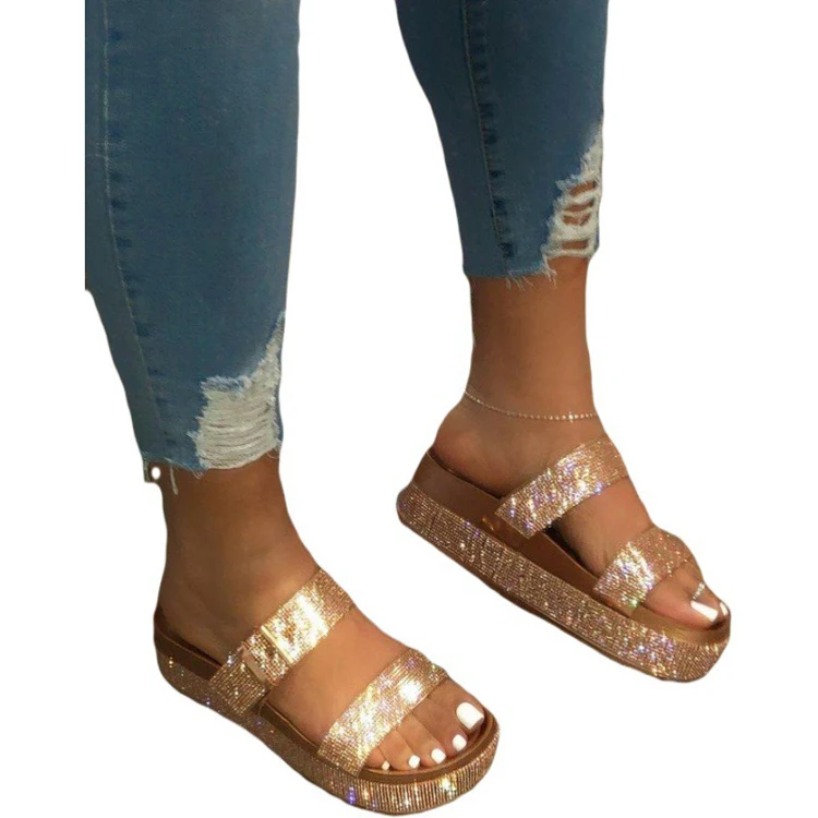 

large size lace women's shoes with rhinestone buckle sandals thick-heeled cork ladies slippers