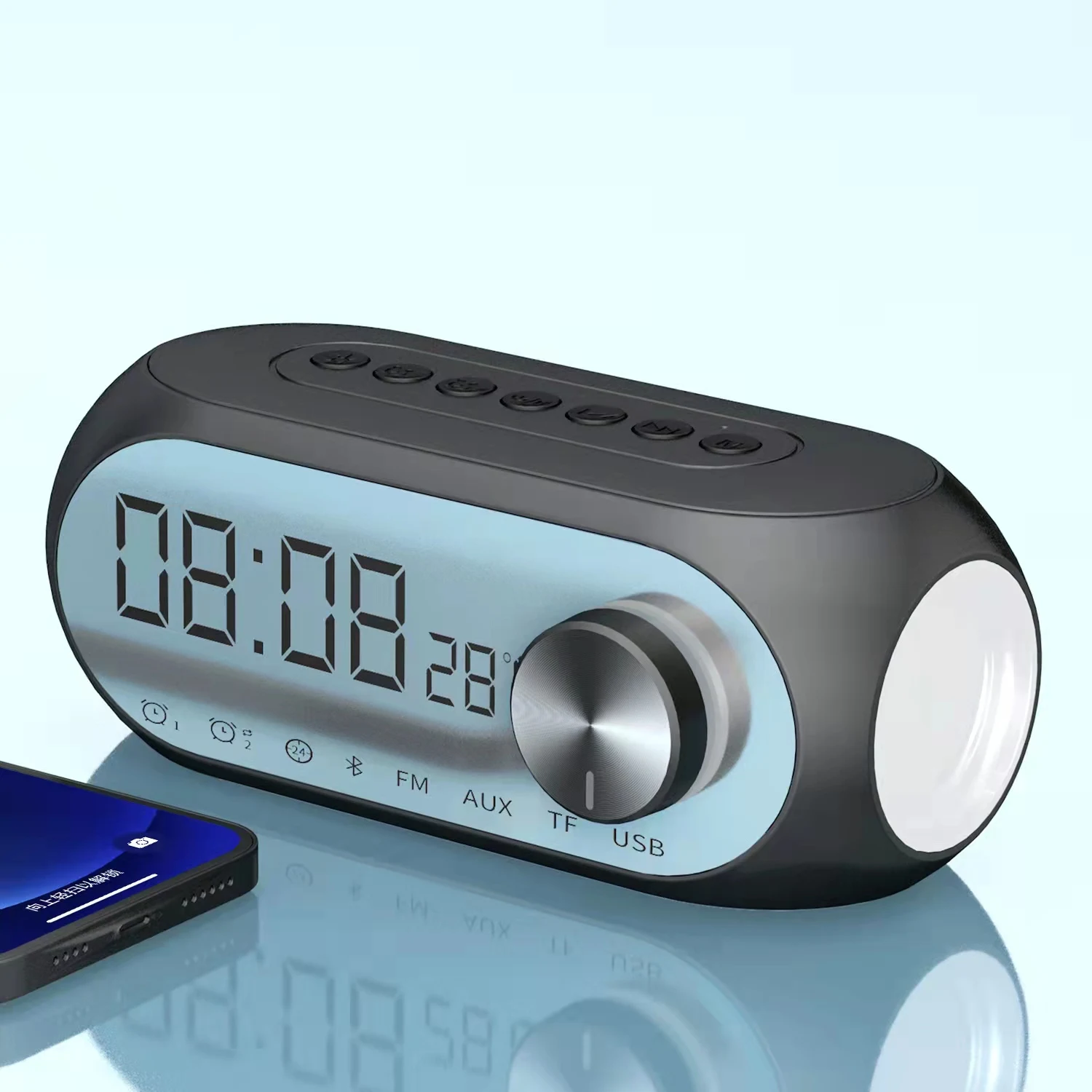 

2020 Newest High Quality Mirror Alarm Clock Dimmable Display Hands Free Calling FM Radio BT Speaker with Microphone