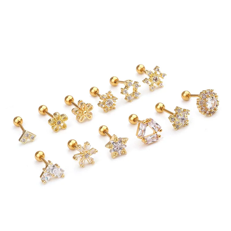 

Pave CZ Tiny Snow Flower Charm Stud Earrings Dainty Stainless Steel Zodiac Flower Studs Earrings