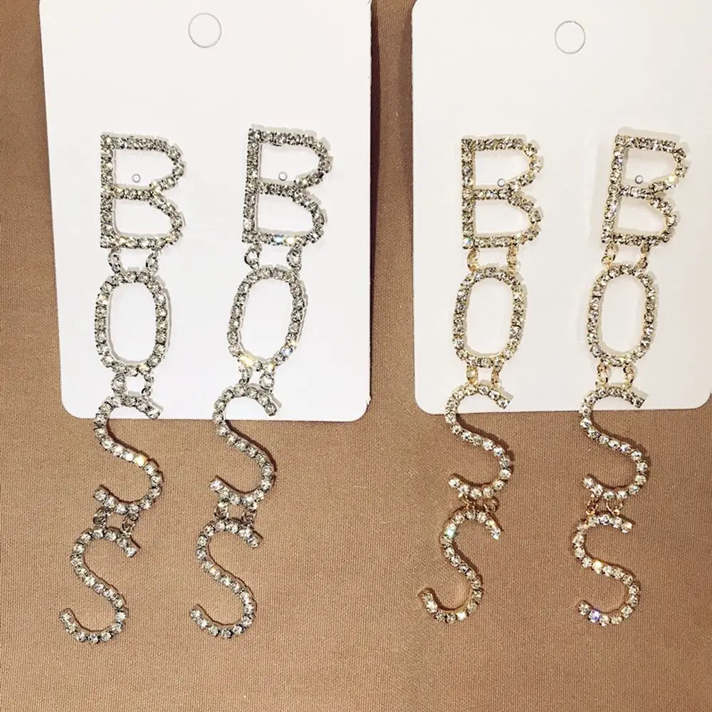 

Novelty Jewelry BOSS English Rhinestone Letter Earrings Small design Cold Wind Shiny Long Earrings, Gold,silver