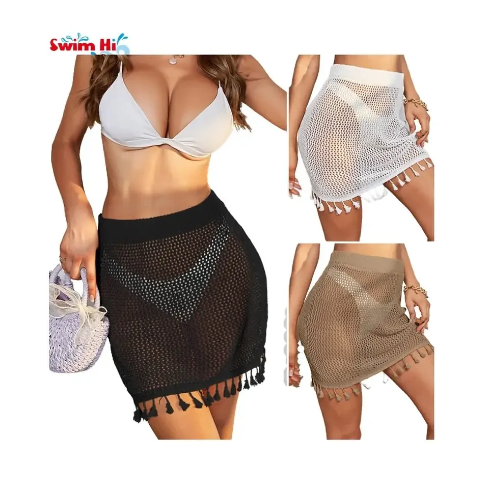 

Knit Short Skirts Summer Beach Bathing Suit Crochet White Tassel Dress Knitted Mini Skirt For Women