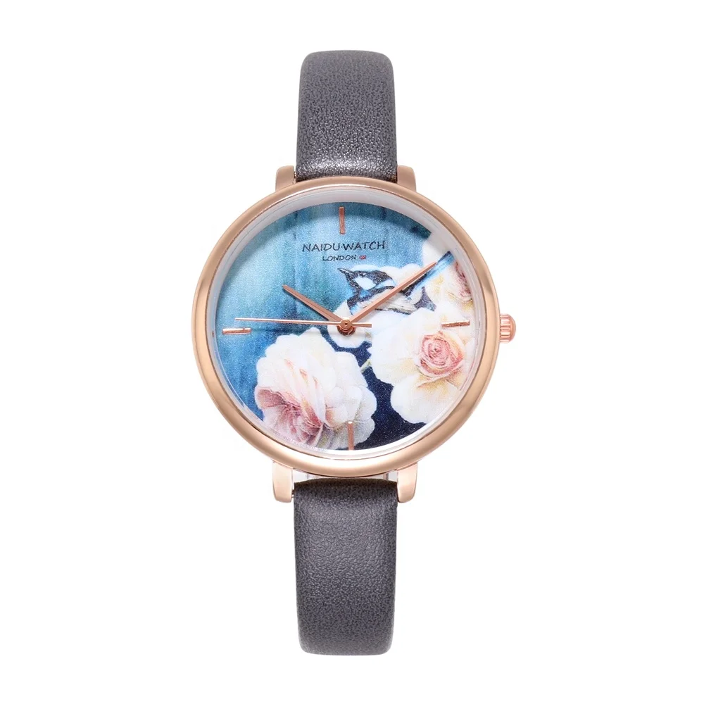 

In stock leather strap floral pattern round dial simple fashion ladies quartz watch, As picture