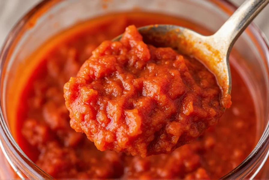 Close-up of red chili paste in glass jar with spoon showing thick, vibrant red texture