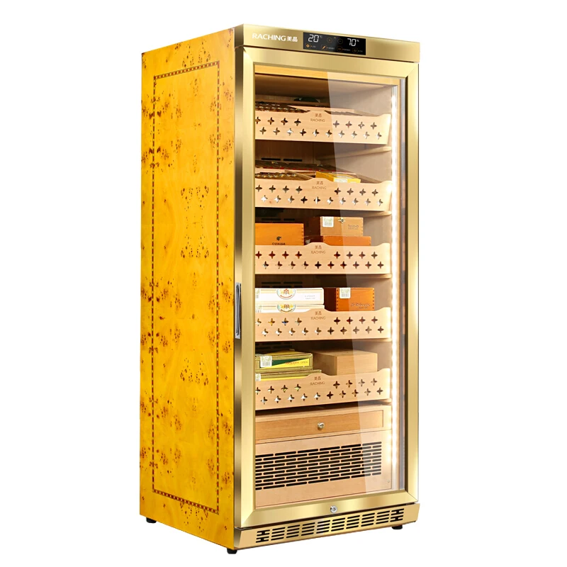 

Factory Direct Offer The Most Advanced Precise Climate-controlled Cigar cabinet with full Spanish cedar wood, Champagne gold / black / oak wood brown / rose wood red