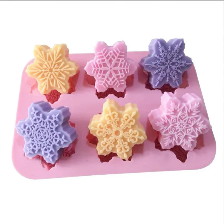

0377 6 hole snowflake handmade soap cake baking utensils multi-pattern snowflake biscuit silicone mold DIY, Pink