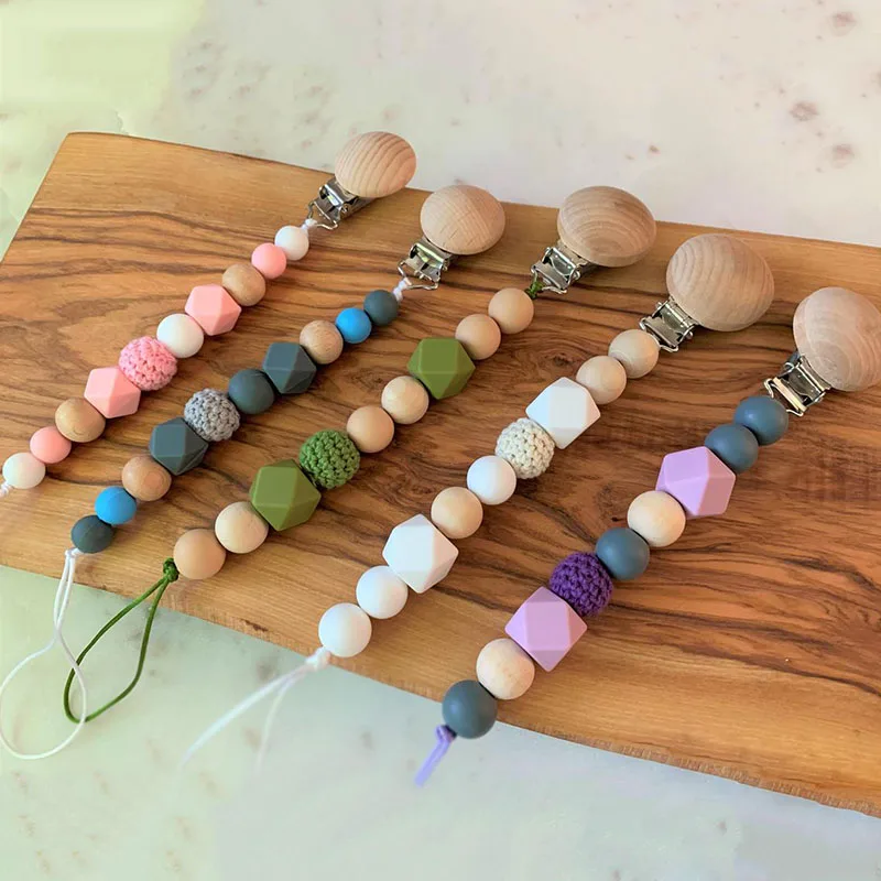 

Newborn Baby Crochet Wood Silicone Bead Teething Pacifier Clip