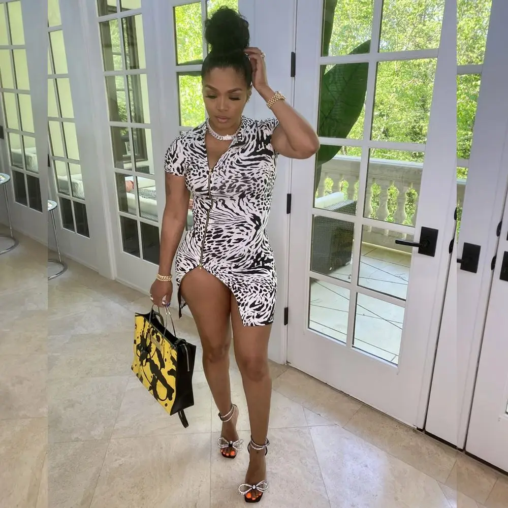 

X03088S Streetwear Pot Print Zipper Up Zipper Women Bodycon Midi Dress Sexy Party Sleeveless Above Knee Pencil Dresses, White