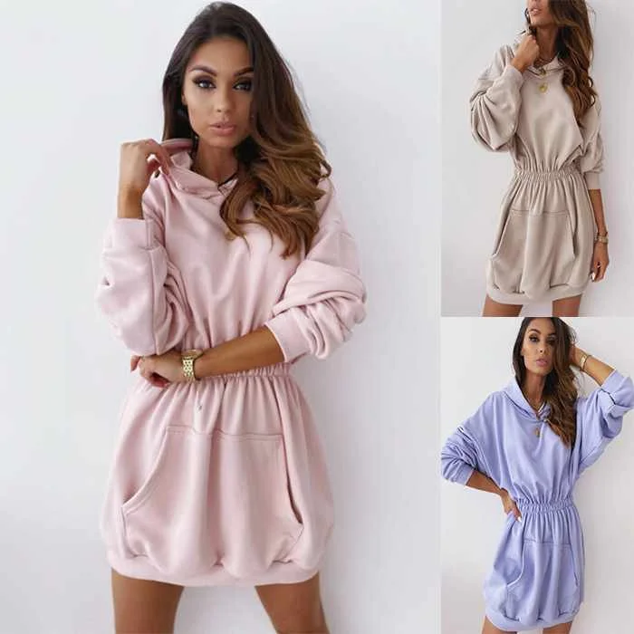 

Women Long Sleeve Pocket Hooded Pullover Tops Long Oversized Sweatshirt Women Elastic Waist Feminino Sweatshirt Dress Women, Different colors and support to customized