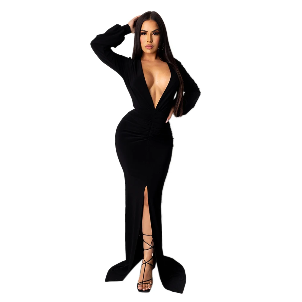 

Long sleeve deep V dress female 2020 new slim temperament sexy bag hip skirt women