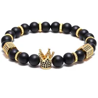 

8mm Black Matte Onyx Stone Beads Crown King Charm Bracelet for Men Women