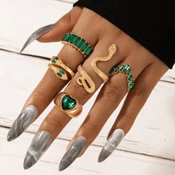 Barlaycs 2021 Vintage Chunky Gold Plated Snake Buddha Crystal Flower Rings Set for Women Green Rhinestone Carved Knuckle Ring