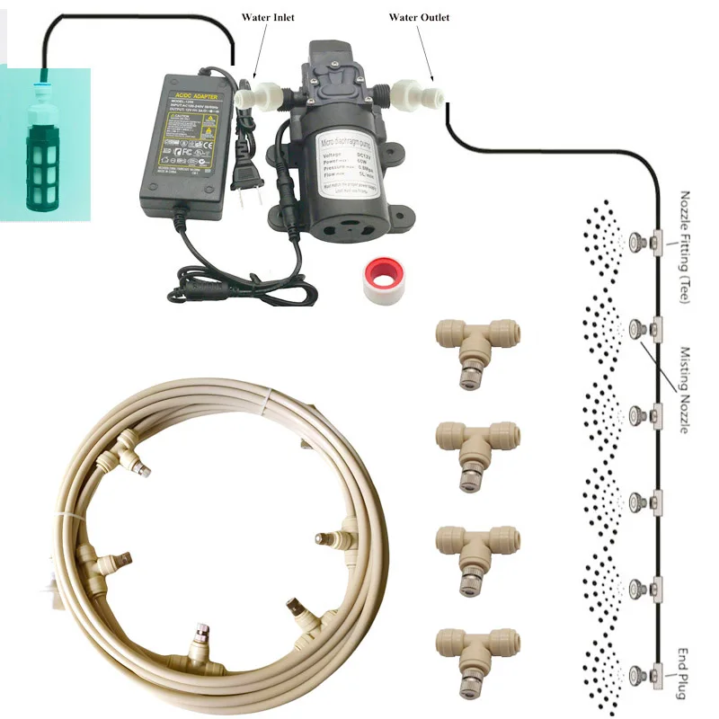 

12V Water Spray Electric Diaphragm Pump Kit Portable Misting Automatic Water Pump 6-18M Misting Cooling System For Greenhouse, Black white beige