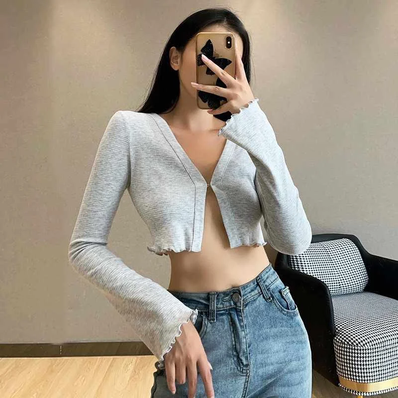 

Fashion gray short knitted long sleeve top women