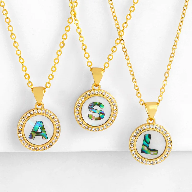 

Personalize Initial Necklace Round Colorful Shell Gold Plated CZ Micro Paved Zircon Letter Alphabets Pendant Necklace, Gold plating