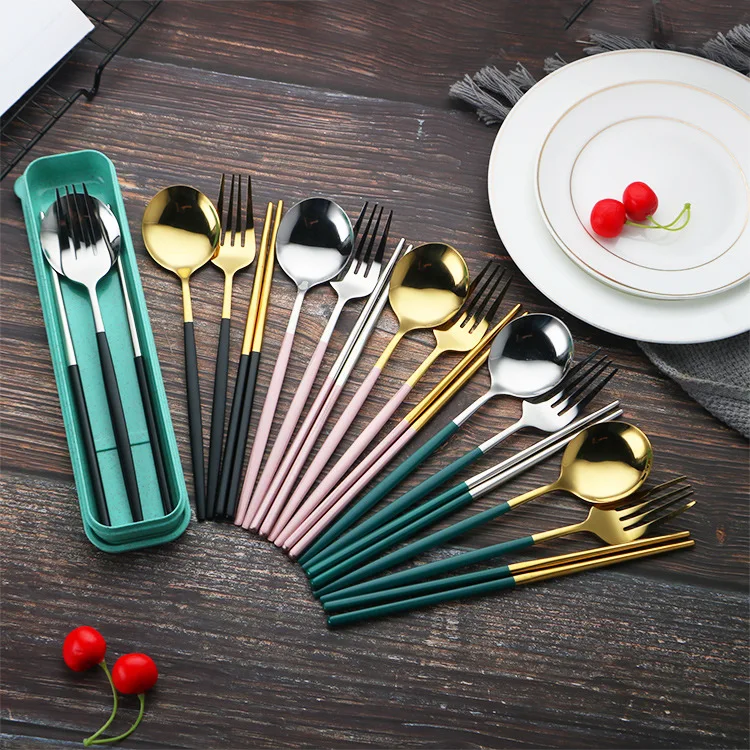 

3 Pcs Spoon Fork Chopsticks Portable Student Travel Tableware Box Stainless Steel Cutlery Sets With Case