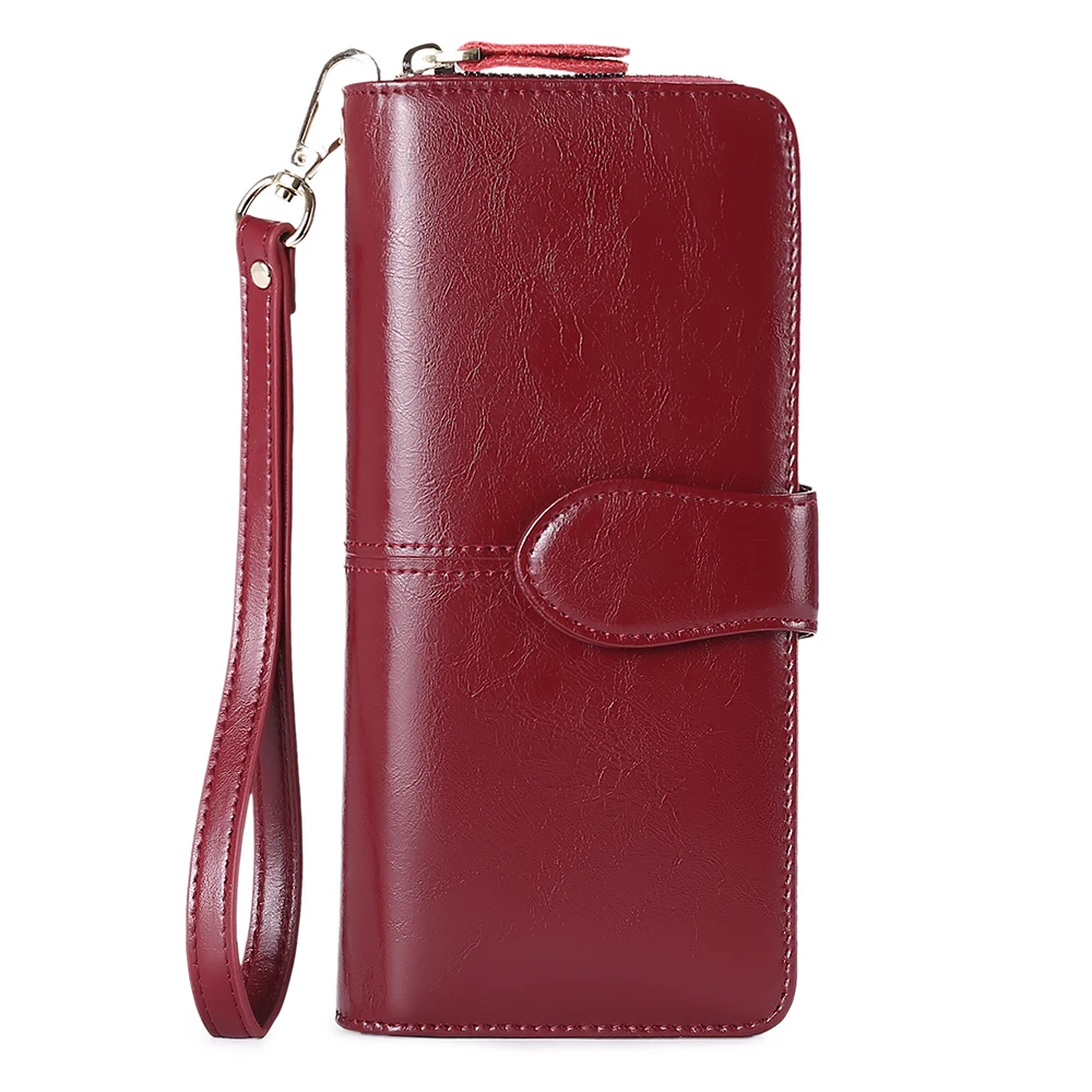 

Women's Long Leaf Bifold Wallet Leather Card Holder Purse Zipper Buckle Elegant Clutch Wallet With RFID Blocking, Brown,red,yellow,blue or customize