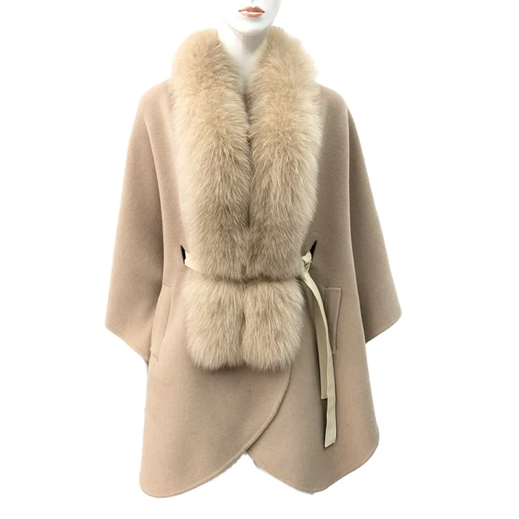 

Autumn Winter Women Wool Cashmere Coat With Detachable Collars And Fronts Bat Sleeves Dress