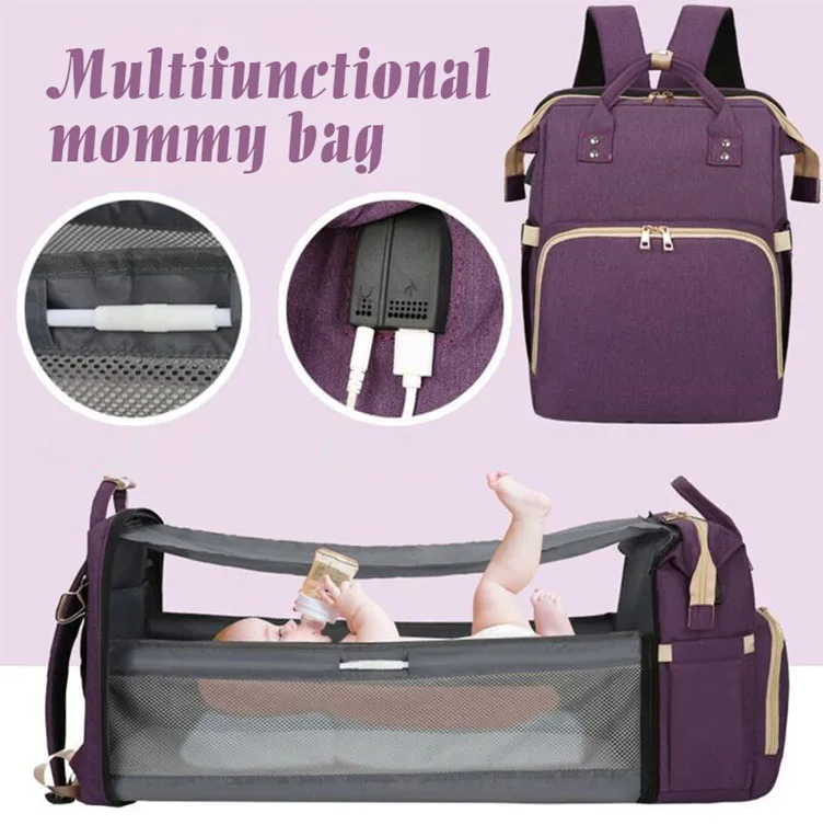 

Mummy Backpack Baby Travel Bed Diaper Bag 3 In 1 Outdoor Changing Set Baby Nappy Bags Mother With Usb Charger