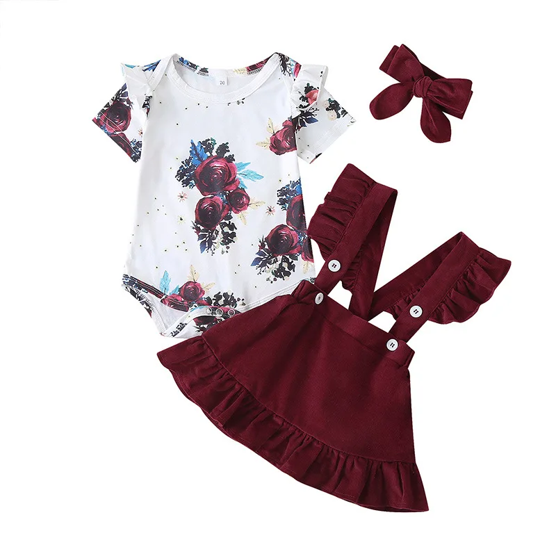 

Baby Girl Two-piece Suit Short sleeved Blouse Skirt Sling Skirt Flower Print