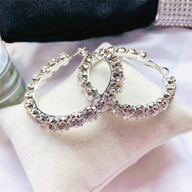 

Gold Plated Large Circle Earrings Set For Women 2021 Shiny Rhinestone Hoop Earrings, As shown