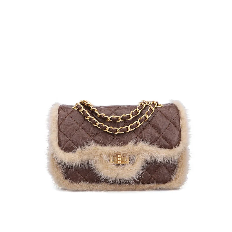 

Jtfur Women trendy retro mink fur rhombus chain bag female elegant shoulder fur leather handbag, Customized color