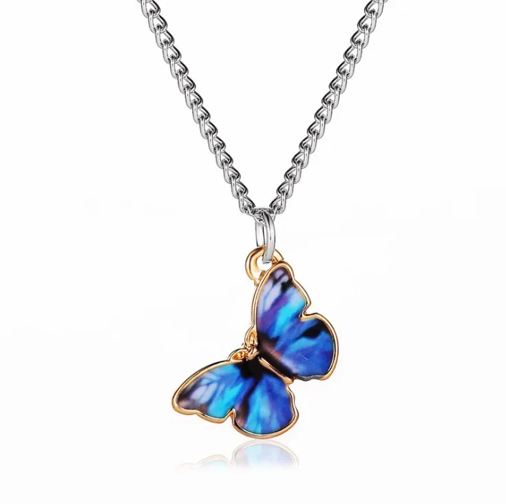 

JUHU Glazed Butterfly Necklace Simple Butterfly Pendant Clavicle Chain Alloy Necklace Wholesale, Dark blue necklace, light blue necklace, dark blue bracelet