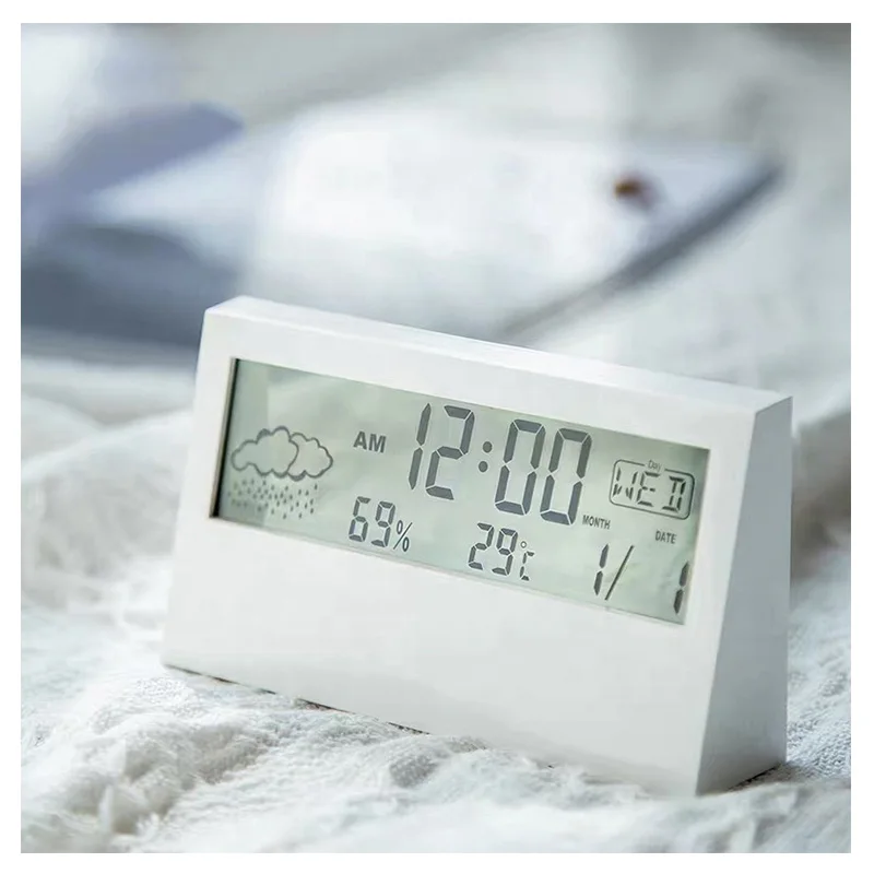 

Multifunctional weather clock thermometer and hygrometer LCD display digital alarm clock, White