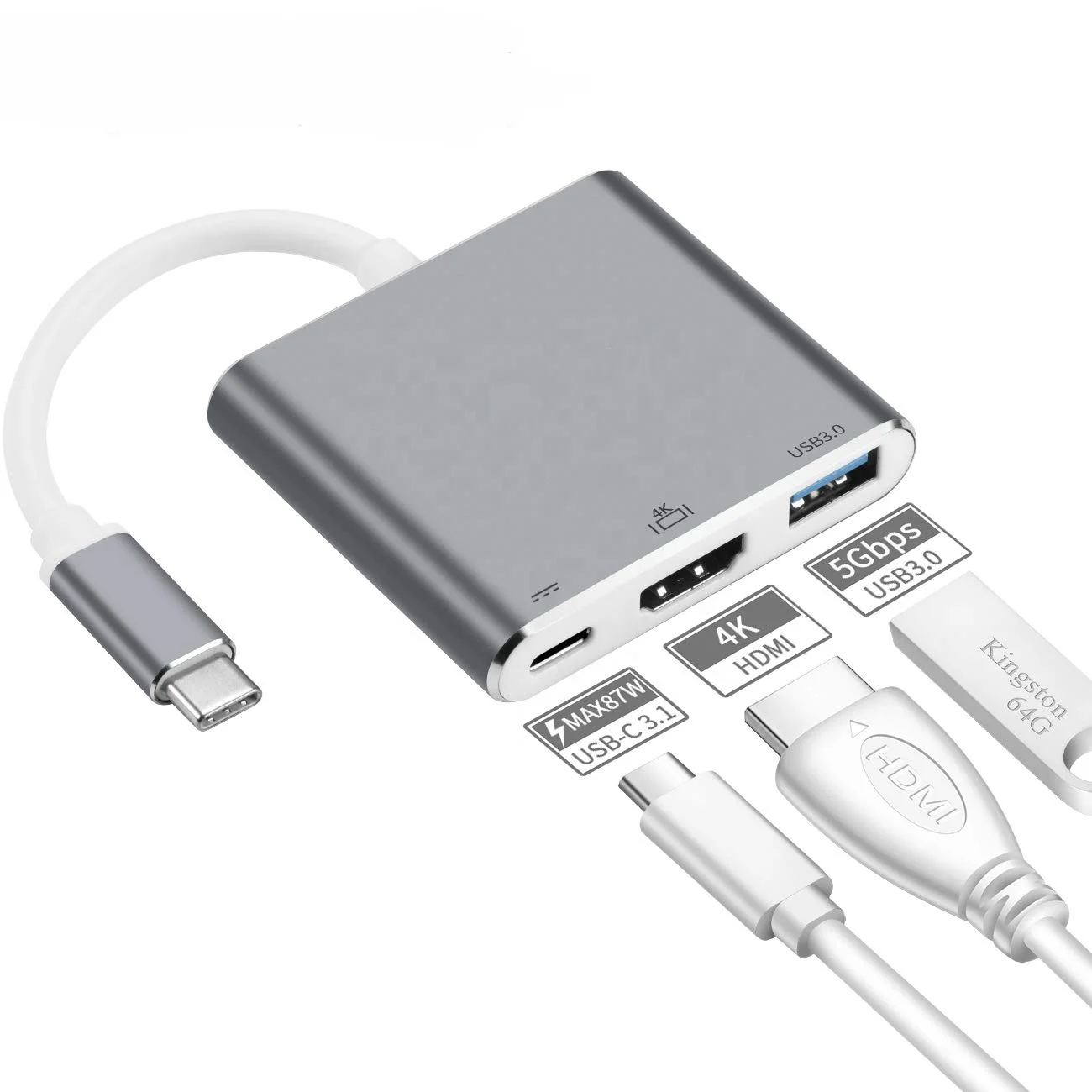 

Docking Station HD-MI + USB 3.0 + USB-C 3 Port 3 in 1 Multiport Adapter USB Hubs