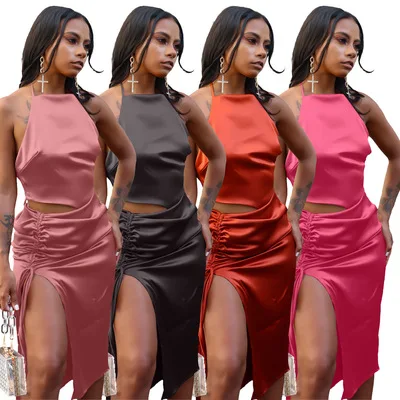 

2021 New Arrivals Sexy Ladies Halter Backless Top Slit Dress Summer Women Stacked Bandage Casual Dress