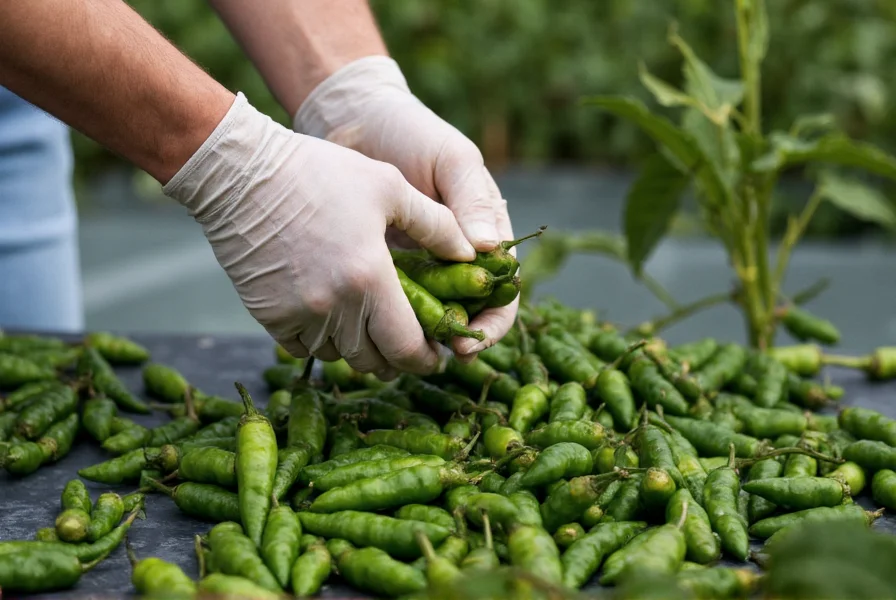 Person wearing protective gloves and goggles while handling Carolina Reaper peppers