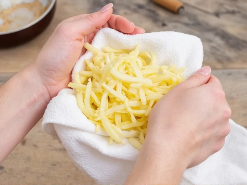 Hand squeezing shredded potatoes in kitchen towel