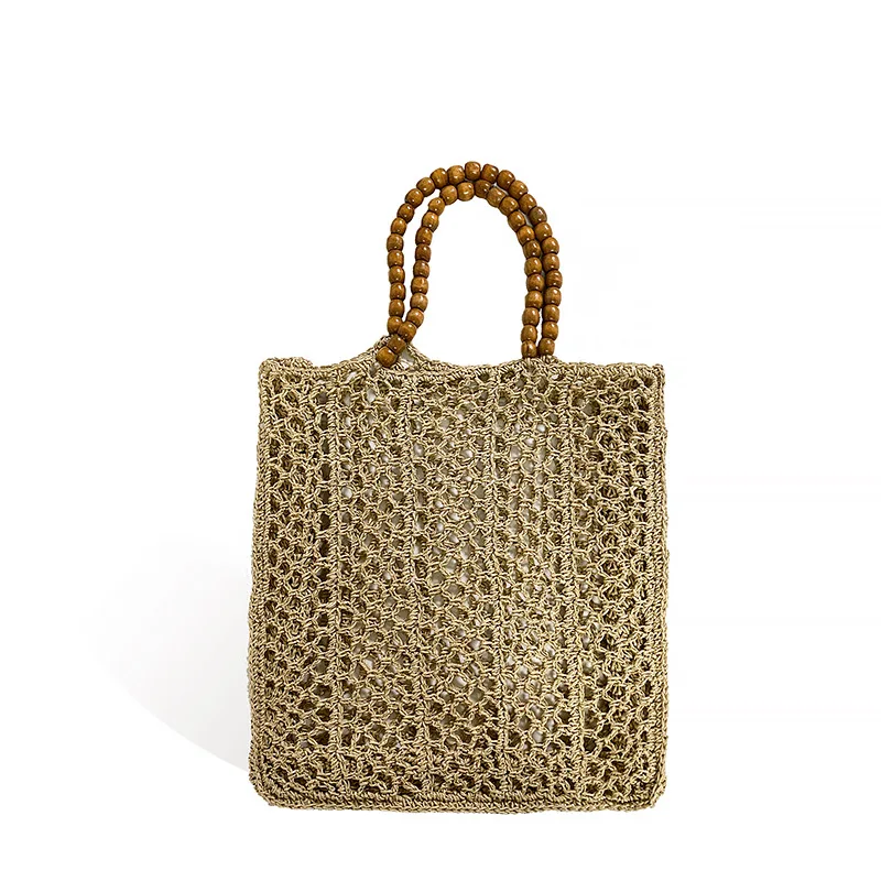 

straw bag summer beach bag handbags for women bohemian style hollow out Wood Bead handle new Large capacity