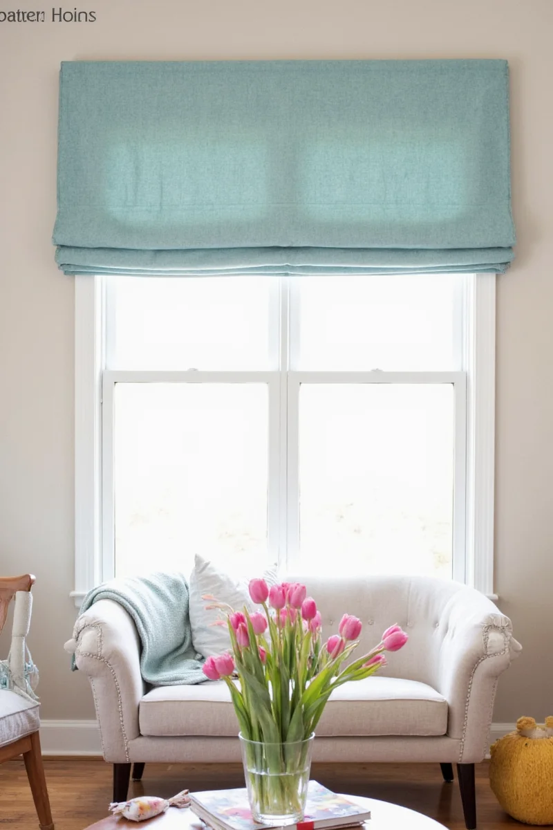 Sheer white curtains tied back on either side of a large window in a sunny dining area