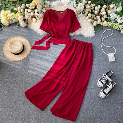 

2020 Latest Fashion Woman Clothes V Neck Crop Tops High Waist Pants Two Piece Set