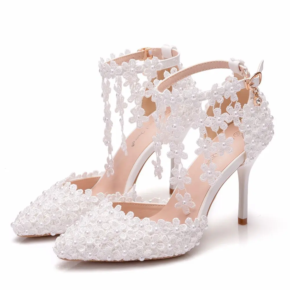 

White Lace Wedding Shoes Women High Heels Sandals For Bride 9.5cm Pointed Toe