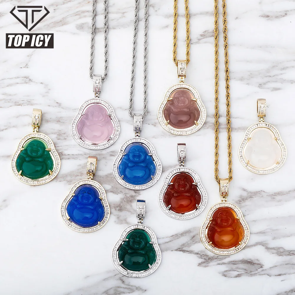 

Hip Hop Iced Out Pink Green Red Agate Jade Buddha Pendant for Women Men Necklace Baguette CZ Rapper Jewelry buddha necklace, Silver,gold