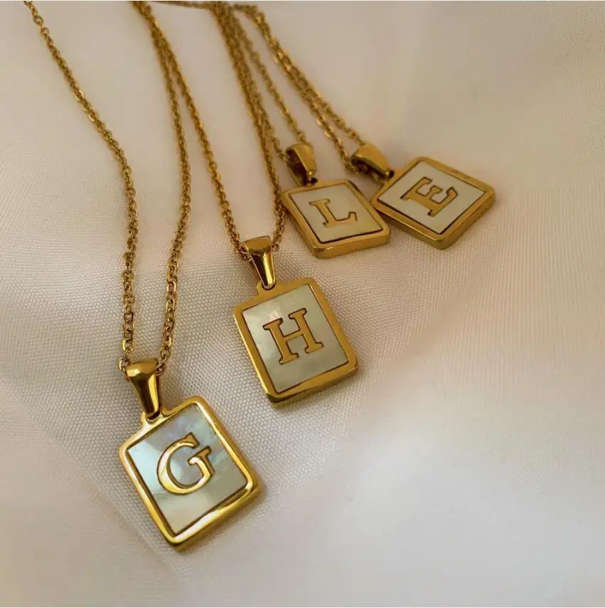 

18K Gold Stainless Steel Letter A-Z Initial Necklace For Women White Rectangle Shell Alphabet Pendant Necklace stainless