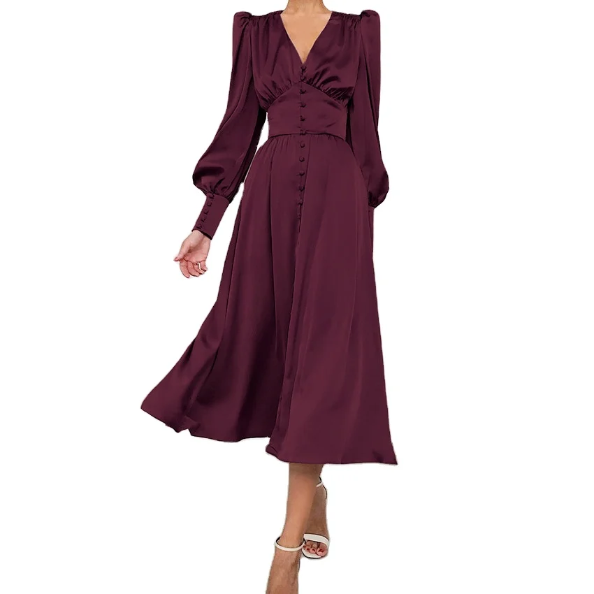 

summer 2021 long sleeve dresses elegant ladies satin dress women's design feeling lantern sleeves close waist slim dresses, Picture shows